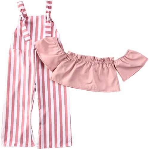 1-5Y Kid Baby Girls Clothes Sets Pink Striped Off Shoulder T Shirts Tops+Solid Overalls Pants