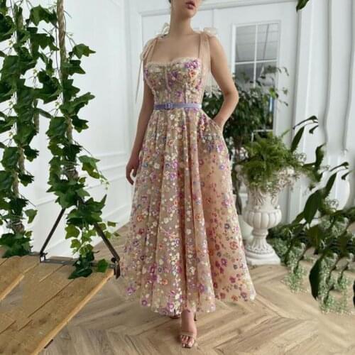 Smileven 3D Flowers Short Prom Dresses Straps A Line Ankle Length Evening Dress Sweetheart Neck Party dresses