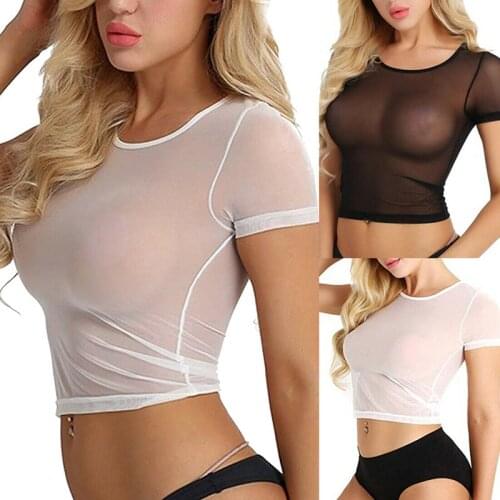 Crop Top Sexy T Shirt Tank Underwear Bras Womens Short Sleeve Sheer Mesh Streetwear Tees Slim See Through Transparent Clubwear