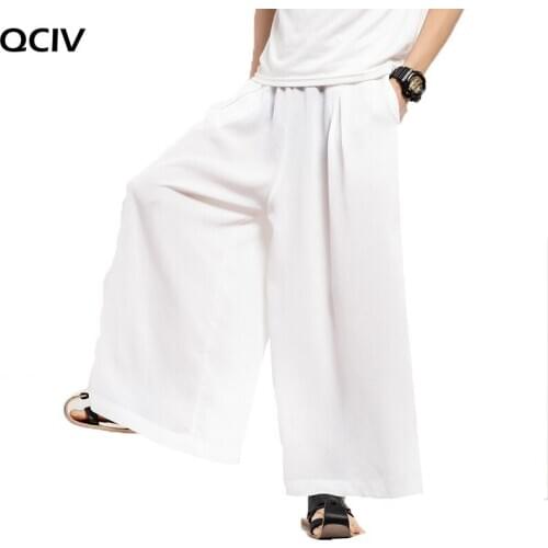 Men Cotton Linen Wide Leg Pants White Harajuku Male Streetwear Harem Pants Man Chinese Style HanFu Kongfu Trousers Skirt