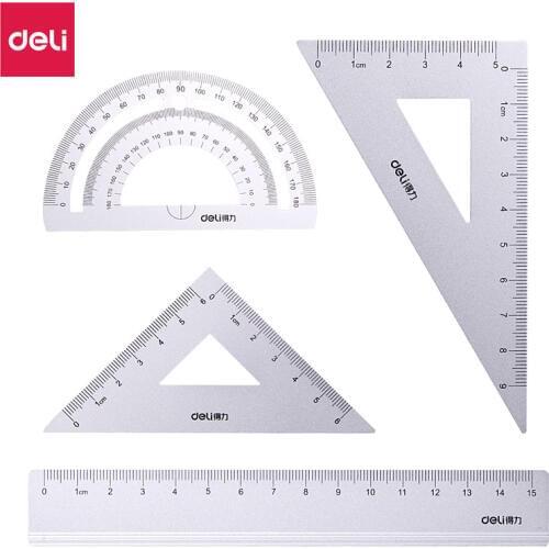 Deli Metal Matte Student Drawing Test Set Ruler (bar Ruler + Triangle Ruler * 2 + Protractor) Set of 4 pcs 79516