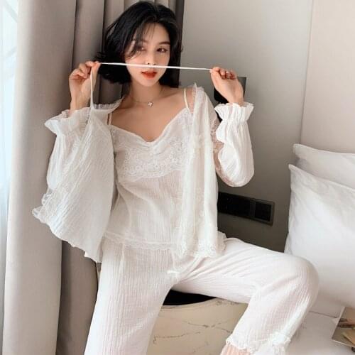 Nightgown spring summer beautiful palace style lace princess Sleepwear four-piece home service charming pajamas white пижама