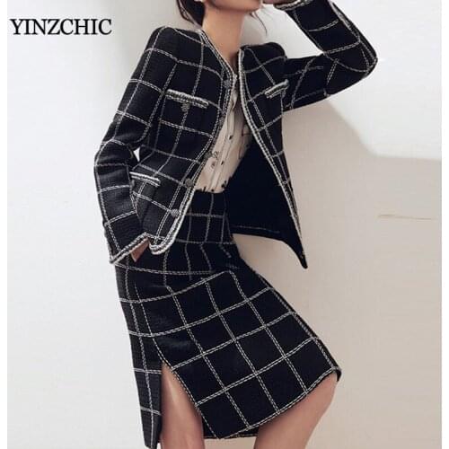 Brand New Woman Autumn Office Suit Classic Black Plaid Sweater Skirt Sets Female Elegant Knitted 2pcs Suits Blazer Skirt Sets