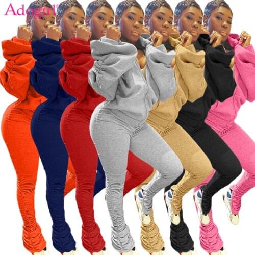 Adogirl Fall Winter Casual Active Two Piece Set Tracksuit Backless Code Shoulder Drawstring Puff Sleeve Hoodies Stacked Pants