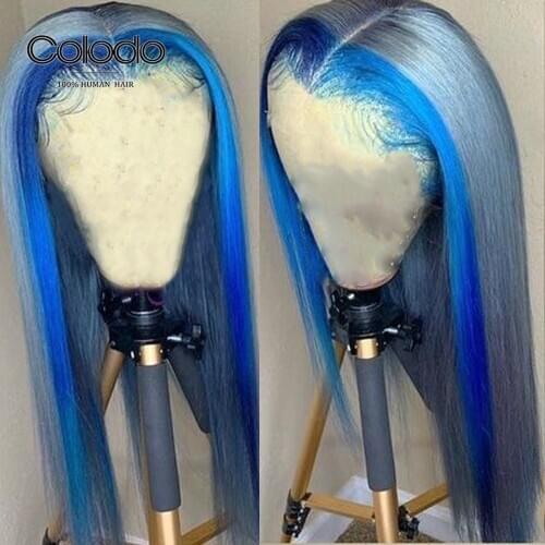 COLODO Grey Highlight Wig Pre Plucked 13x4 Lace Front Human Hair Wigs Brazilian Remy Ombre Blue Transparent Lace Wigs for Women