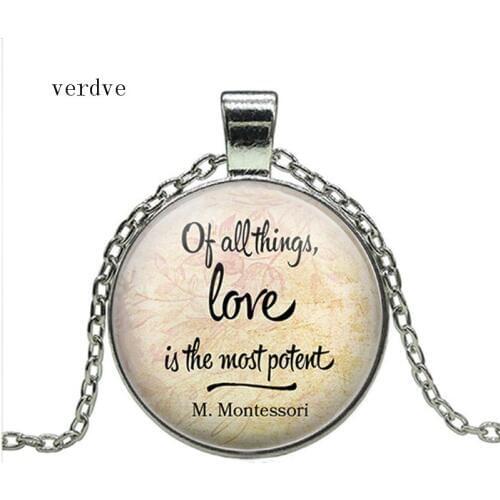New Teacher Necklace "Of all things Love is the Most Potent" Charm Cabochon Glass Dome Pendant Necklace Fashion Teacher Gifts