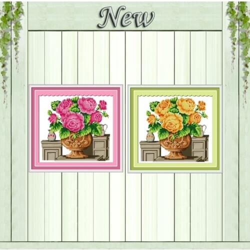 Rose vase yellow colourful flowers painting counted printed on canvas DMC 11CT 14CT Cross Stitch kits embroidery needlework Sets