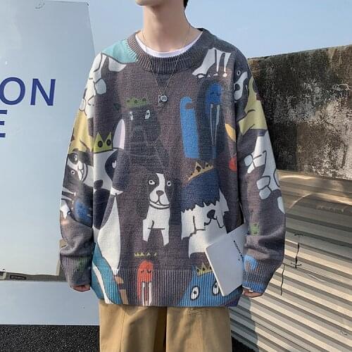 O-Neck Autumn Casual Vintage Coat Men Cartoon Dog Winter Knitted Sweater 2021 Pullover Mens Korean Harajuku Sweater