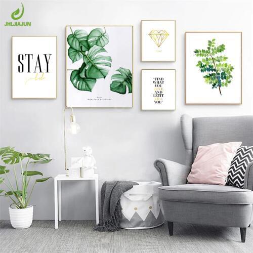 JHLJIAJUN Nordic Minimalist Canvas Poster Quotes Green Tropical Plants Palm Leaves Canvas Wall Picture Living Room Home Decor