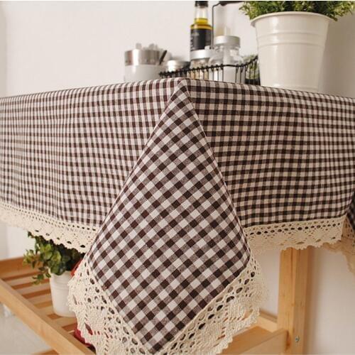 Tablecloth Plaid Brown Pink Table Cover Lace Edge Dining Cotton Linen Table Cloth High Quality Home Decoration manteles