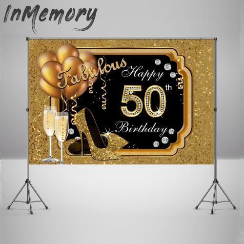 Fabulous Photocall Boda Women Gold Balloons Happy 50th Birthday Party Backdrops Diamond Photography Background Photo Studio