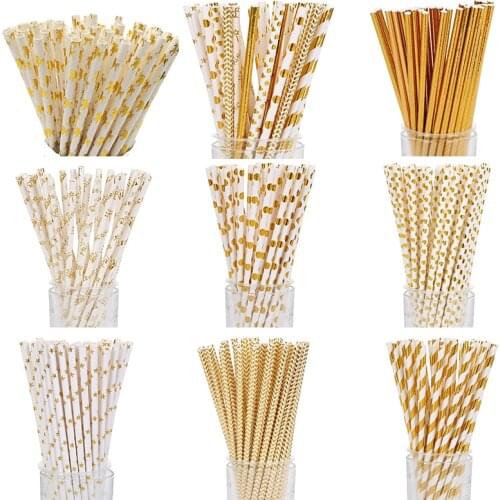25pcs Disposable Paper Straws Gold Striped Stars Drinking Straw Birthday Party Decorations Kids Baby Shower Wedding Party Decor