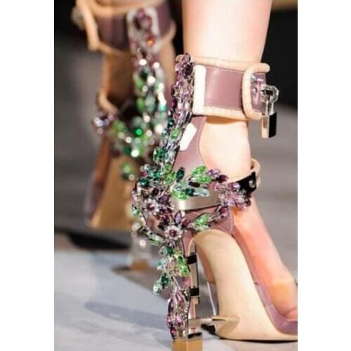 Moraima Snc Runway Crystal Embellished Strange heels Woman Sandal Clear PVC Peep Toe Ankle Strap Party Dress Heels Wedding Shoe