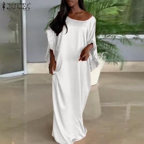 ZANZEA Party Ruffle Dress Womens Elegant Solid Floor Vestidos 2021 Autumn Satin Silk Dresses Female Fashion Robe Longue Oversize