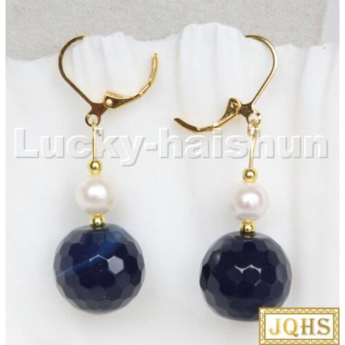 Dangle 14mm round diced faceted navy blue agates white pearls Earrings c201