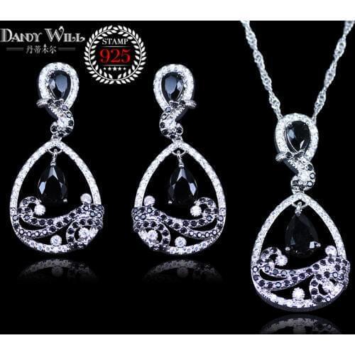 Top Quality Exquisite Black Zircon Women Wedding Necklace Earring Jewelry Set Silver Color Swiss Zircon Crystal