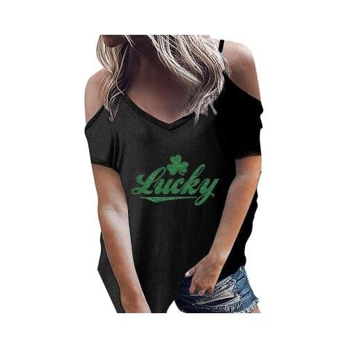 Ladies V-neck Strapless Letter Four Leaf Clover Printed T-shirt Casual Loose Pullover Female Thin Shoulder Straps 2XL Top Crop