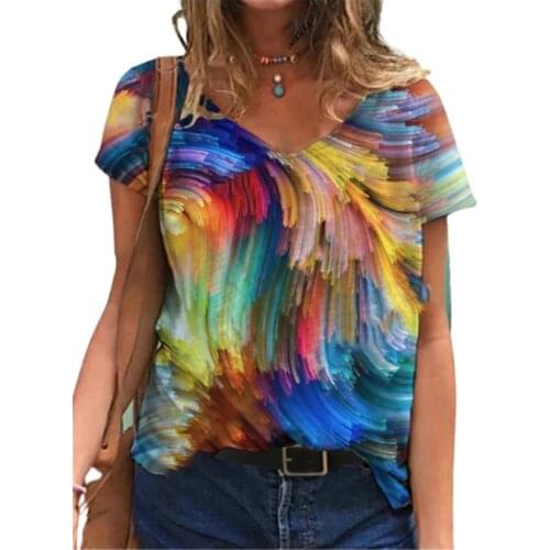 Fashion Colorful Abstract Painting Print Summer T Shirt Women Casual V-Neck Loose Tops Ladies Plus Size Short Sleeve Tee Shirts