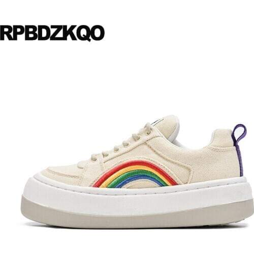 Handmade embroidery elevator muffin women flats rainbow white canvas shoes black platform sneakers embroidered trainers creepers