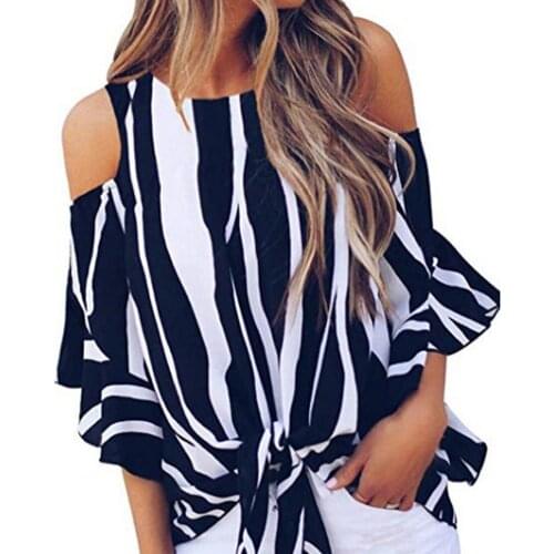 Women Chiffon Blouses Off Shoulder Ruffles Half Sleeve Sexy Round Neck Bowknot Striped Shirt Tops for Daily Wear Black xxxl