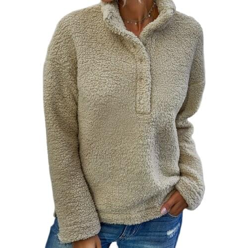 Women Winter Warm Solid Color Plush Pullover Sweater with Half Zipper Closure