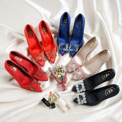 High heels womens fine heels square buckle crystal diamond single shoes wedding dress champagne red bride wedding shoes women