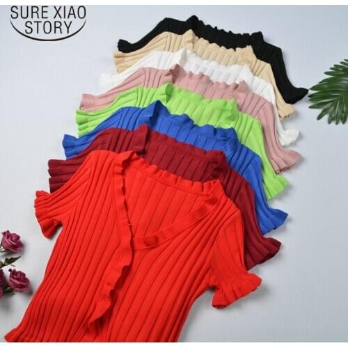 Retro Fuguns Knitted Women T-Shirts Summer 2021 New V-Neck Short Sleeve Tees Korean Single Breasted Ladies Tops Cardigan 10265