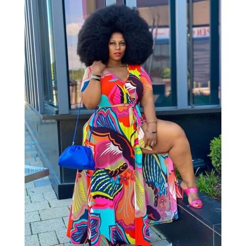 African Dresses for Women Fashion New African Plus Size 4xl 5xl Print Splits Floor Length Deep V Neck Elegant Dress Evening Hot