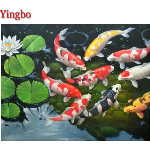 Handicrafts Diamond Embroidery Carp Pond DIY Diamond Painting Fish koi and Lotu Flower view Cross Stitch Rhinestone Mosaic Decor