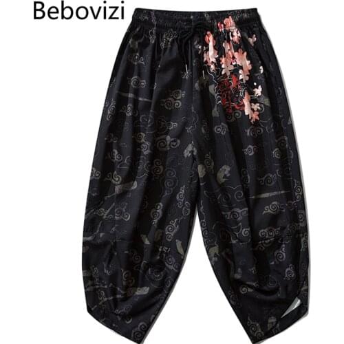 Bebovizi Thin Japanese Kimono Pants Women Men Samurai Black Harem Pants Loose Elastic Waist Chinese Style Cosplay Trousers