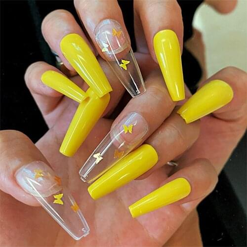 24Pcs Long Coffin Fake Nails Press on Flame Pattern Shiny Acrylic Ballerina Full Cover False Nails DIY Nail Art Tool Accessories