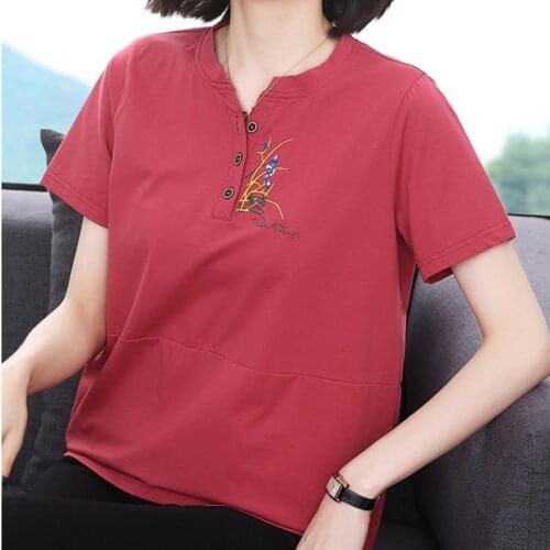 Shintimes Button T-Shirt Women Floral Embroidery T Shirt 2021 Short Sleeve Summer Tops Cotton Korean Woman Clothes Tshirt Femme