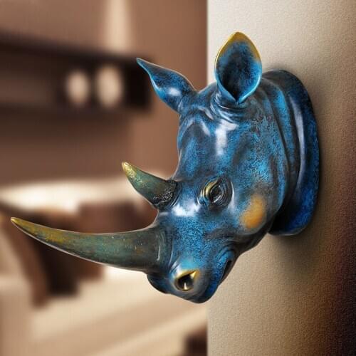 HOME STATUE DECORATION ACCESSORIES ABSTRACT RHINO HEAD SCULPTURE WEDDING CHRISMAS WALL DECOR HANDMADE RESIN ART CRAFT ARTWARE