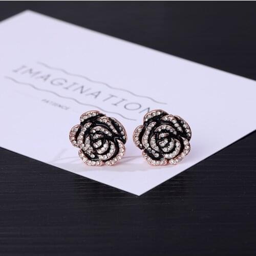Delicate Camellia Petite Earrings Black Flower Rose Full Rhinestone Luxury Earring Accessories For Women