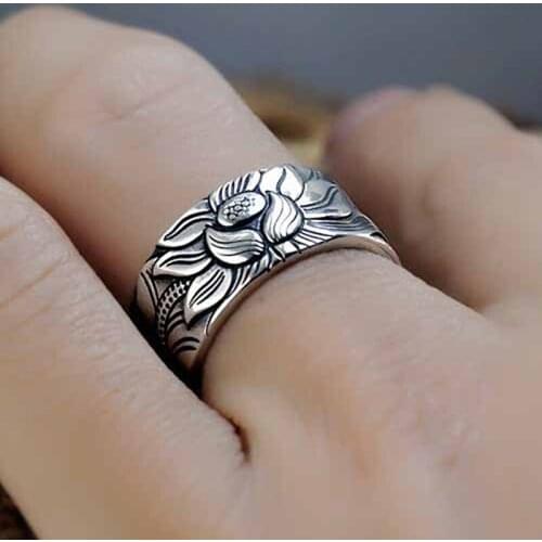 Pure Silver Jewelry Lotus Flower Open Ring For Men Male Fashion Free Size Buddhistic Heart Sutra Rings Gifts