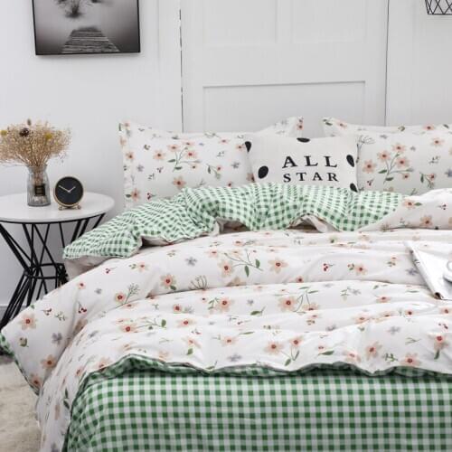 Pastoral style Green grid Bedding Set，Flower pattern Duvet Cover With Pillowcase 200x200,175x220 Quilt Cover,King Blanket Cover
