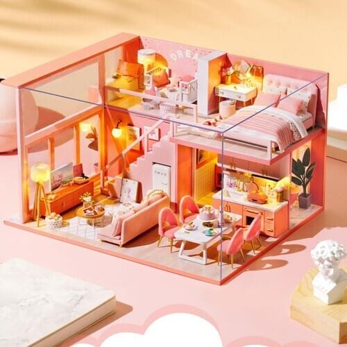 Miniatur Doll Model DIY Doll Puppet House Wooden Mini Furniture Accessories Set Pink Attic Adult And Children Birthday Toy Gifts