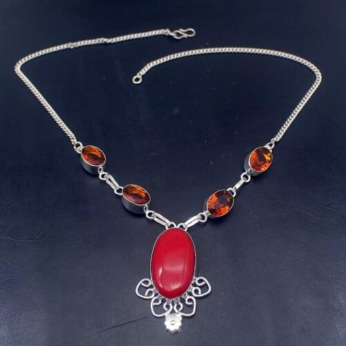 Fashion RedCoral HoneyTopaz New Arrival Silver Color Women Necklace Chain 18.5 Inch HD204