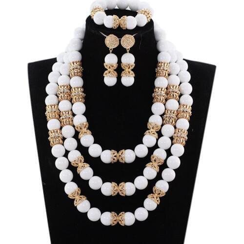 Trendy Quality Real Stone Bridal Beads Charms White Beads African Wedding Jewelry Sets Dubai Gold Statement Necklace Set ABH596