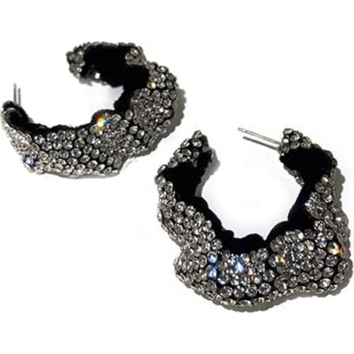 SRCOI Fashion Autumn Full Bling Rhinestone Big Circle Hoops Ladies Irregular Black Cloth Statement Party Earrings Accessory