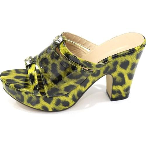 Fashionable yellow and black Leopard women high heel shoes with nice decoration african pumps for dress CR2112,heel 9CM