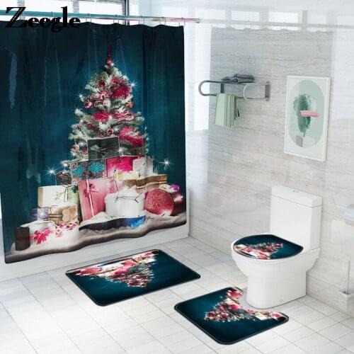 Christmas Tree Printed Bathroom Bath Mat Set with Polyester Waterproof Shower Curtain Non Slip Toilet Rug Absorbent Shower Mat