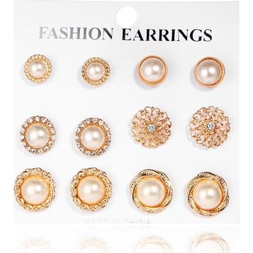 6 Pair Womens Earrings Set Pearl Earrings For Women Bohemian Fashion Jewelry 2021 Geometric Crystal Round Stud Earrings