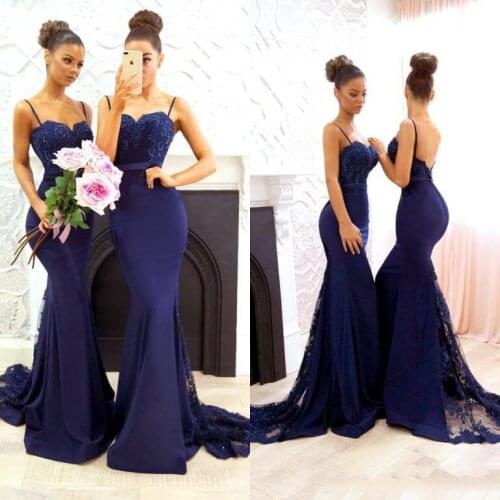 New Navy Blue Mermaid Bridesmaid Dresses Appliques Beaded Spaghetti Straps Sweetheart Court Train Long Bridal Guest Wear