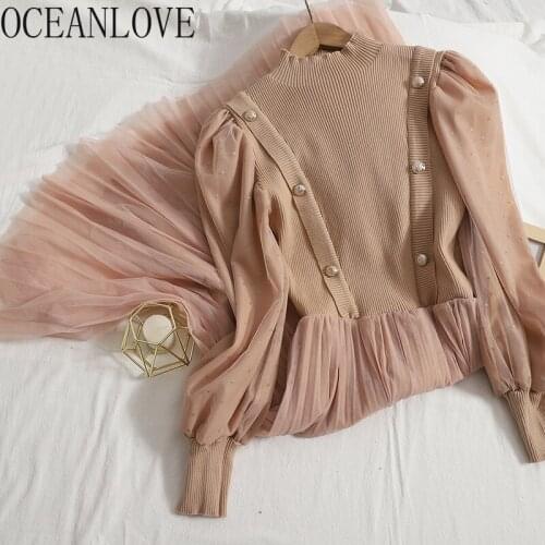 OCEANLOVE Women Dress Mesh Knitting Solid Patchwork Autumn Winter Vestidos High Waist A-line Korean Retro Long Dresses Elegant