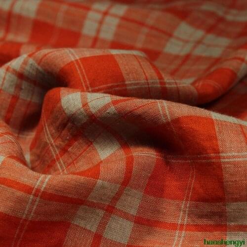 Original autumn and summer linen clothing fabric, plaid stitching collar old dress robe fabric