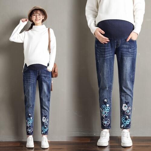 Autumn and winter pregnant women embroidered jeans trousers casual pants Korean small feet pants were thin nine points stretch