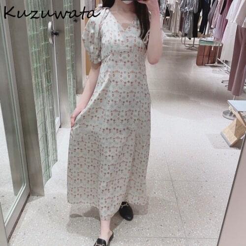 Neploe V Neck Puff Short Sleeve Dress Women Vintage Print Ol Temperament Vestidos High Waist Hip A Line Open Back Robe Summer