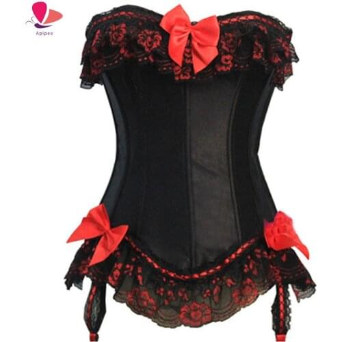 Plus Size S-6XL Steampunk Sexy Corset Dress Bowknots Boned Bustier Burlesque Waist Trainer Body Shaper Slimming Lace Corset Tops
