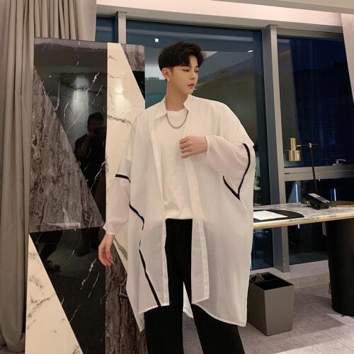 Summer Mens Batwing Sleeve Loose Fit Thin Shirt Long Sun Protection Clothing White Male Shirts